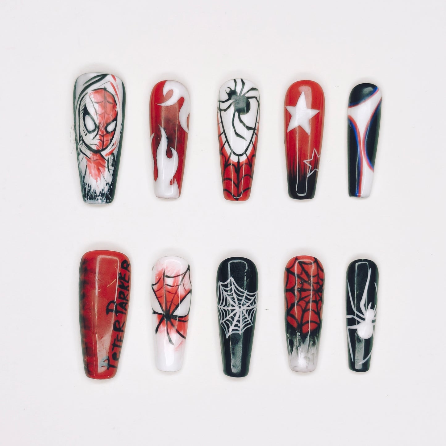 Peter Parker Spider-Man Art Nails | Long Coffin Set