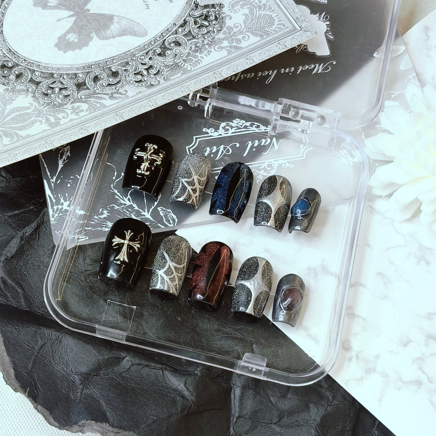 Chrome Cross Cat Eye Nails | Short Square Luxury Set