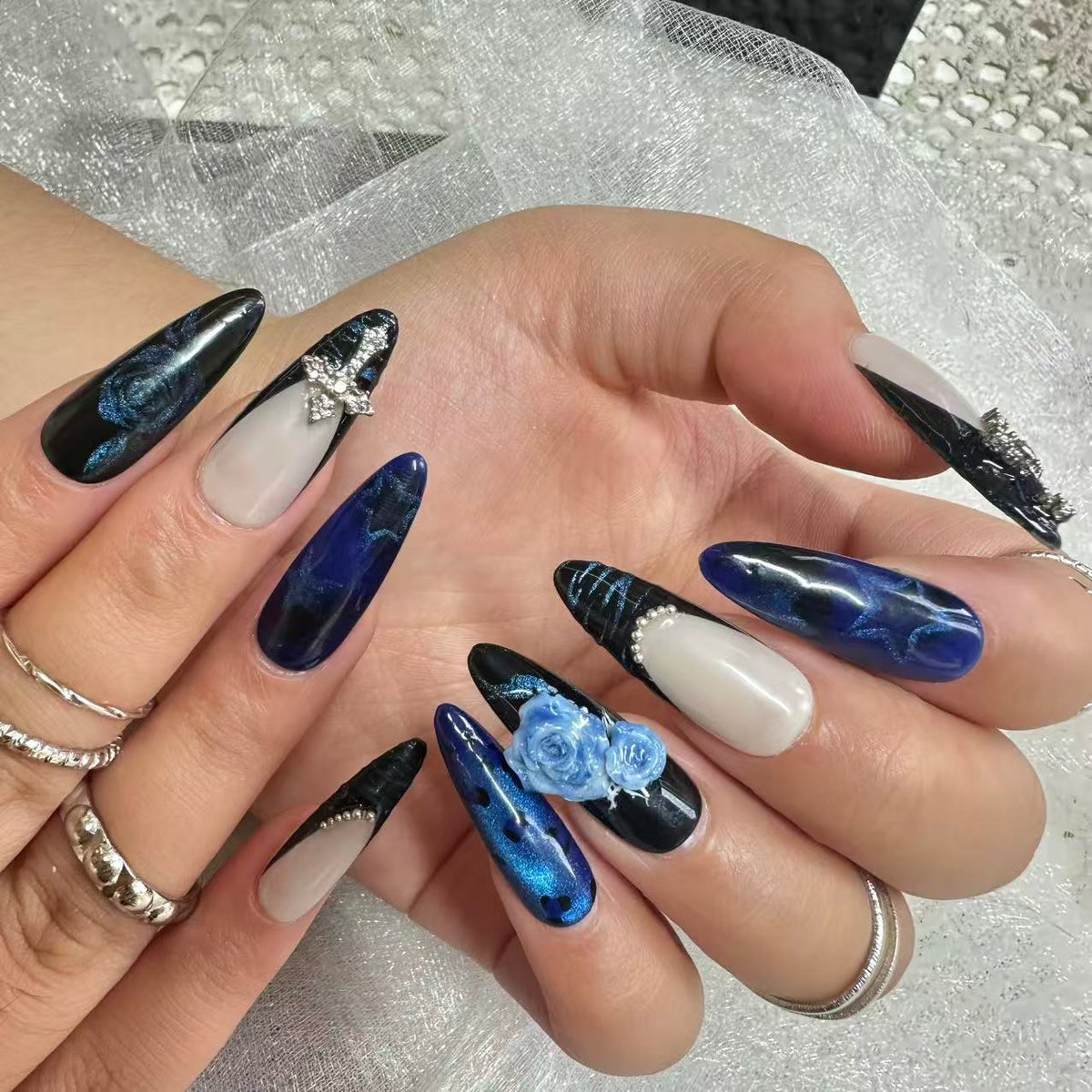 Dark Blue Rose Cross Nails | Long Gothic Set