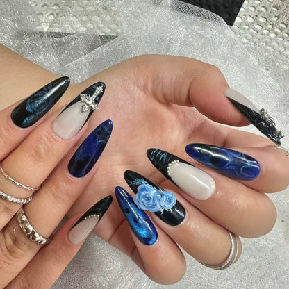 Dark Blue Rose Cross Nails | Long Gothic Set