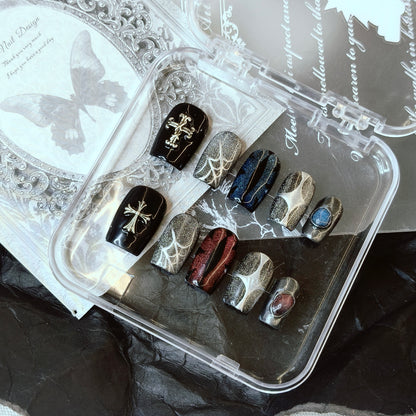 Chrome Cross Cat Eye Nails | Short Square Luxury Set