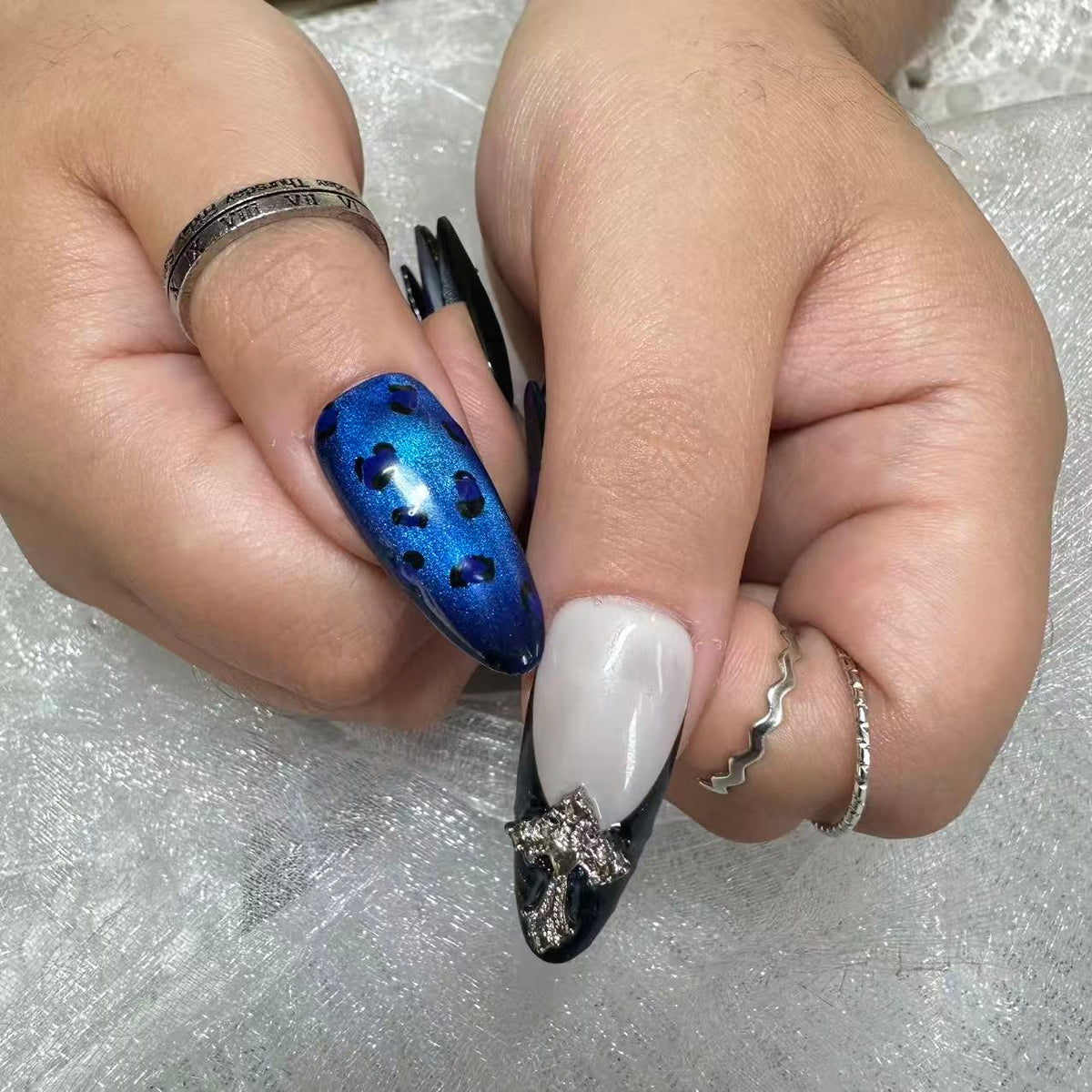 Dark Blue Rose Cross Nails | Long Gothic Set