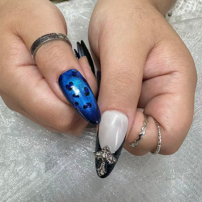 Dark Blue Rose Cross Nails | Long Gothic Set