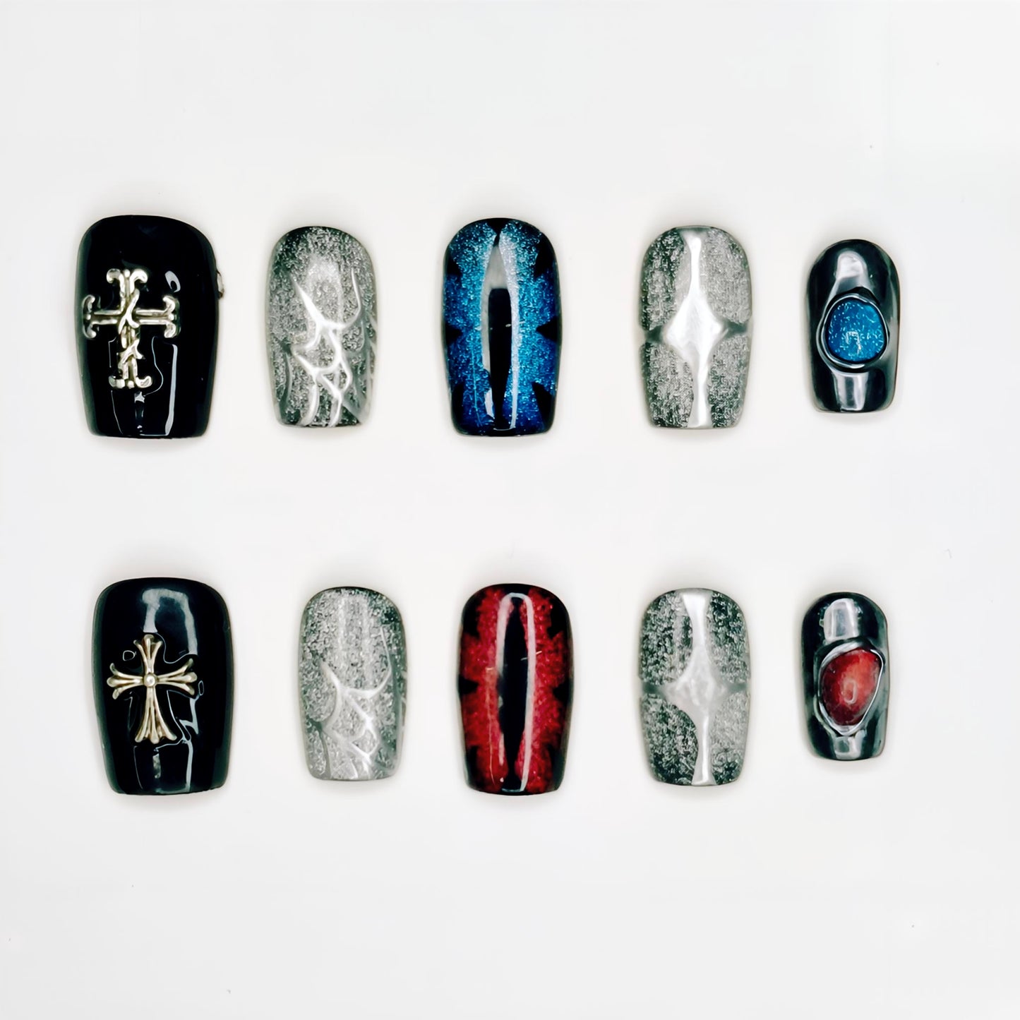 Chrome Cross Cat Eye Nails | Short Square Luxury Set
