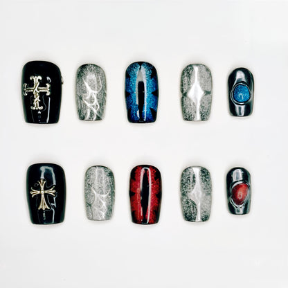 Chrome Cross Cat Eye Nails | Short Square Luxury Set