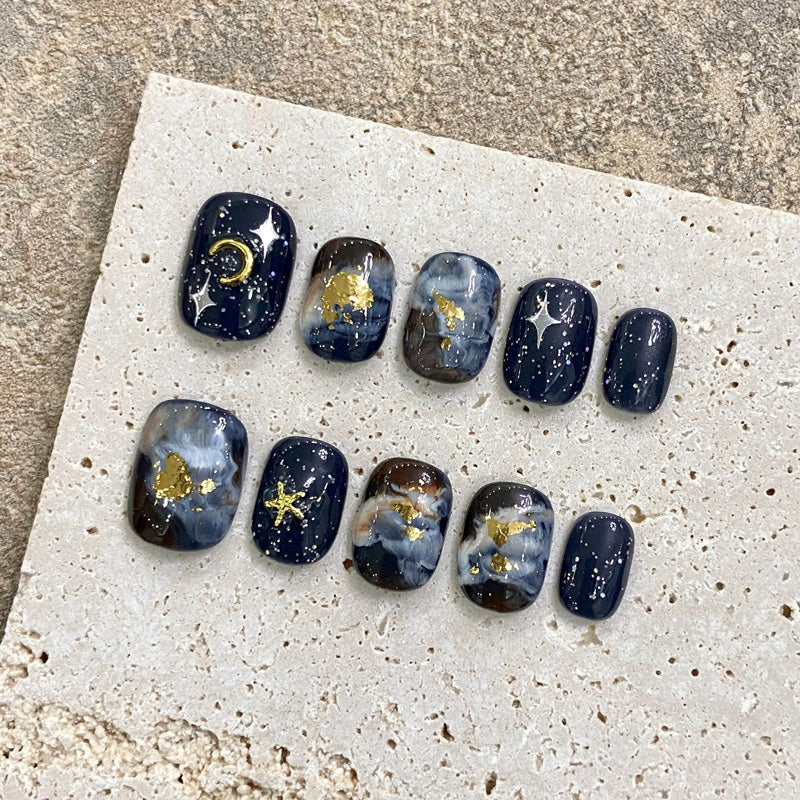  Handmade Squoval Shape Short Nails - Complete Celestial Press On Set
