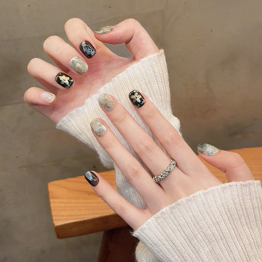  Green Gradient Gold Foil Design - Natural Botanical Nail Art Collection