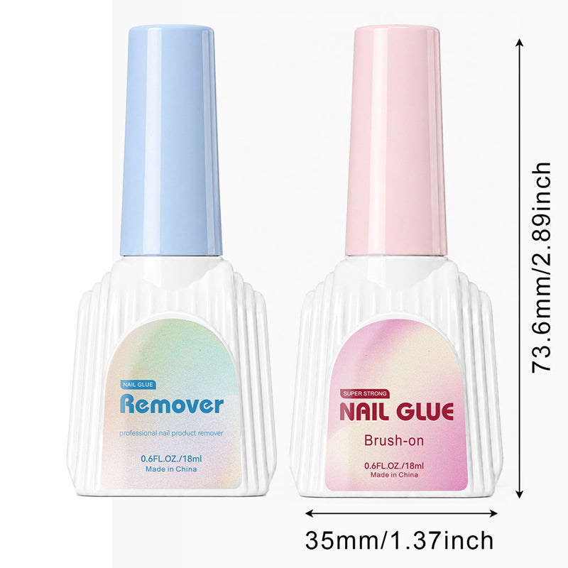 Kapownails 18 ml nail glue and remover bottles shown side by side with 73.6 mm height and 35 mm width dimensions
