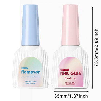 Kapownails 18 ml nail glue and remover bottles shown side by side with 73.6 mm height and 35 mm width dimensions