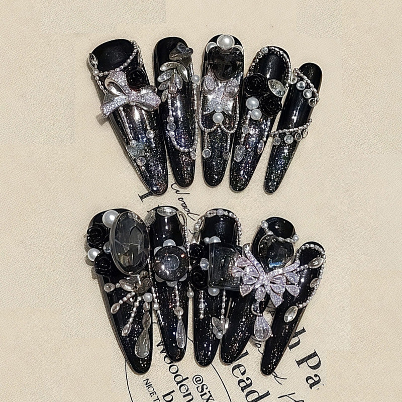 Ultra-Long Black Silver Stiletto Press-On Nails - Drama