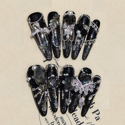 Ultra-Long Black Silver Stiletto Press-On Nails - Drama