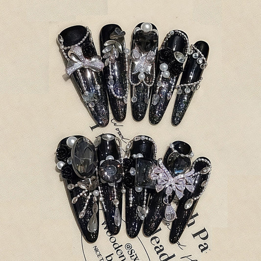 Ultra-Long Black Silver Stiletto Press-On Nails - Drama