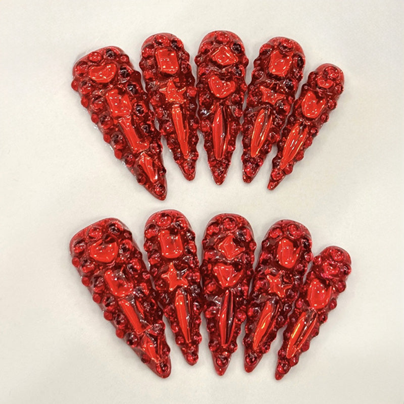 Red Glitter Long Stiletto Press-On Nails - Glamour Set