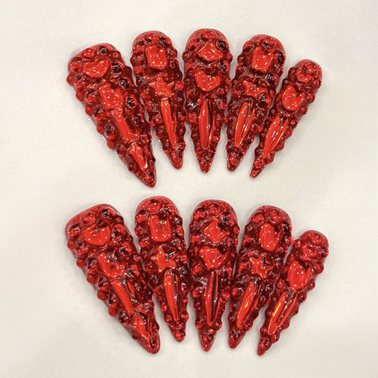 Red Glitter Long Stiletto Press-On Nails - Glamour Set