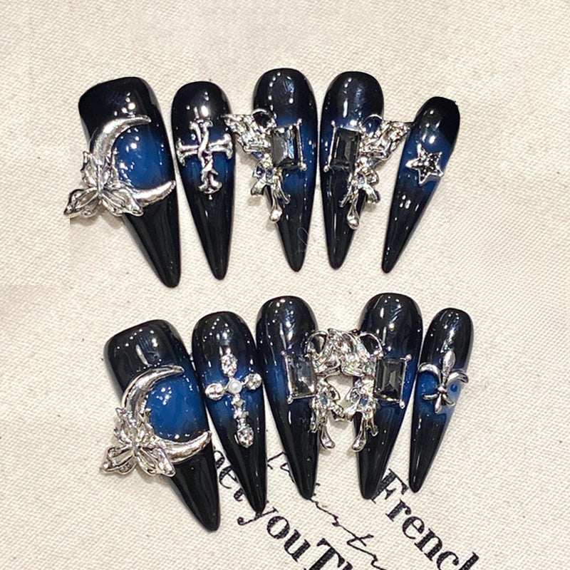 Navy Blue Luxury Stiletto Press-On Nails - Silver Charms