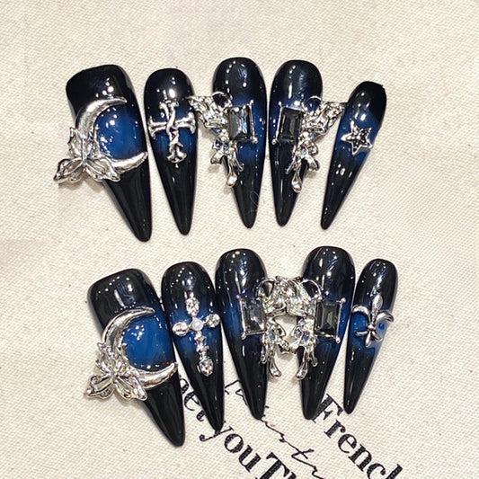 Navy Blue Luxury Stiletto Press-On Nails - Silver Charms