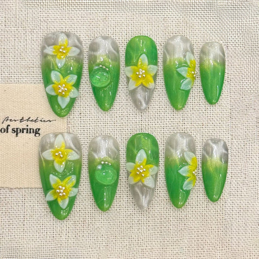 Green Transparent Almond Press-On Nails - Daisy Flower Set