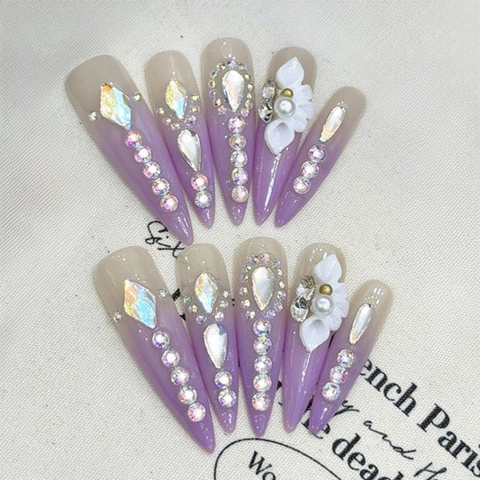 Stiletto Long Nails Purple Gradient Rhinestone Flower