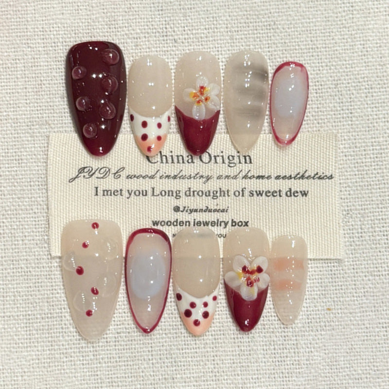 Almond Press-On Nails French Heart
