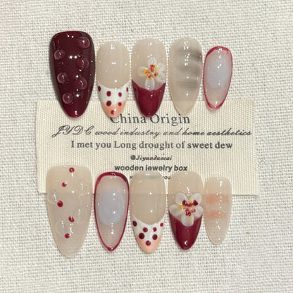 Almond Press-On Nails French Heart