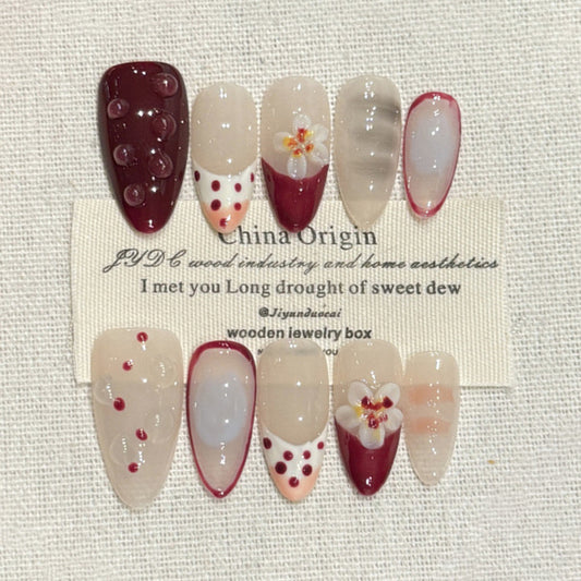 Almond Press-On Nails French Heart
