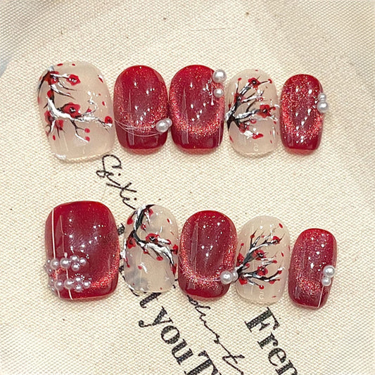 Squoval Short Press-On Nails - Cherry Bloom