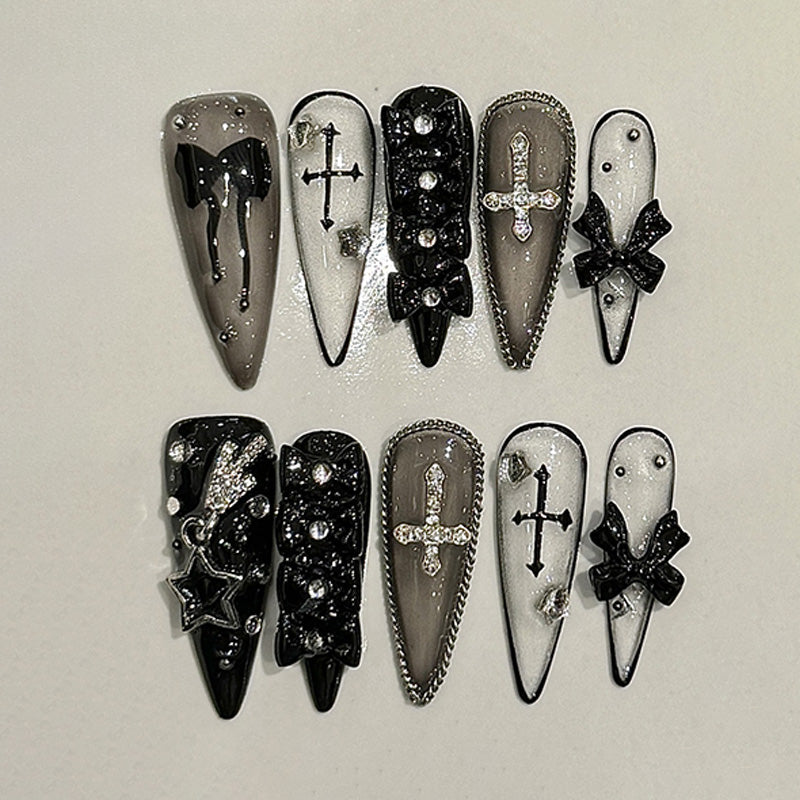 Gothic Cross Black Bow & Rhinestone Accents