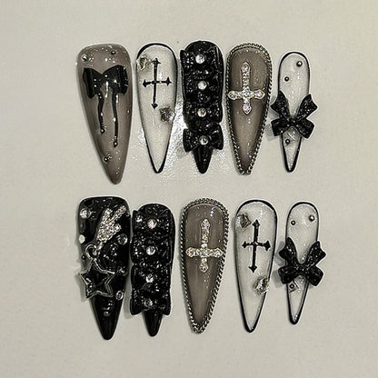 Gothic Cross Black Bow & Rhinestone Accents