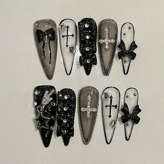 Gothic Cross Black Bow & Rhinestone Accents