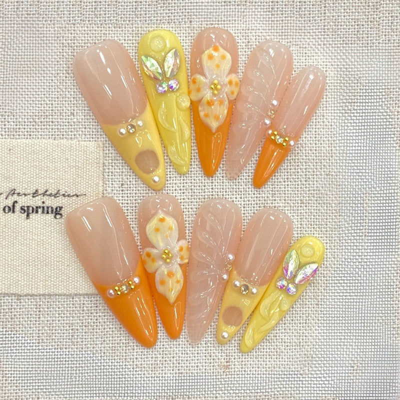 Yellow Gradient 3D Flower Nails, Rhinestone & Pearl Decor