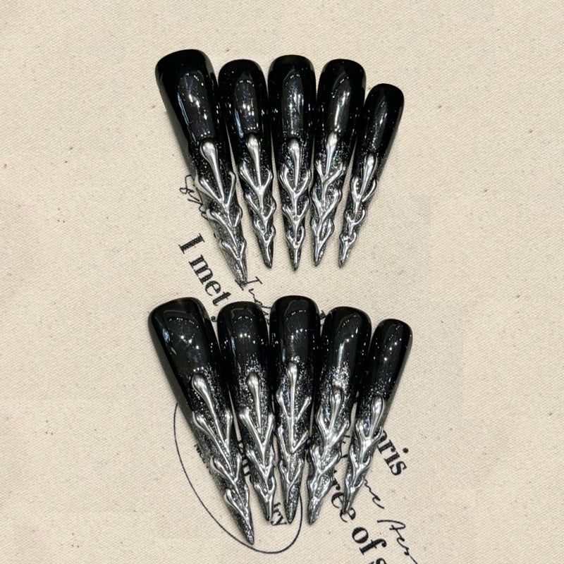 Ultra Long Black Chrome Stiletto Press-On Nails Set