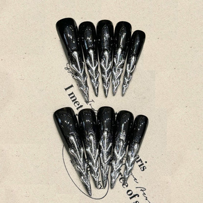 Ultra Long Black Chrome Stiletto Press-On Nails Set