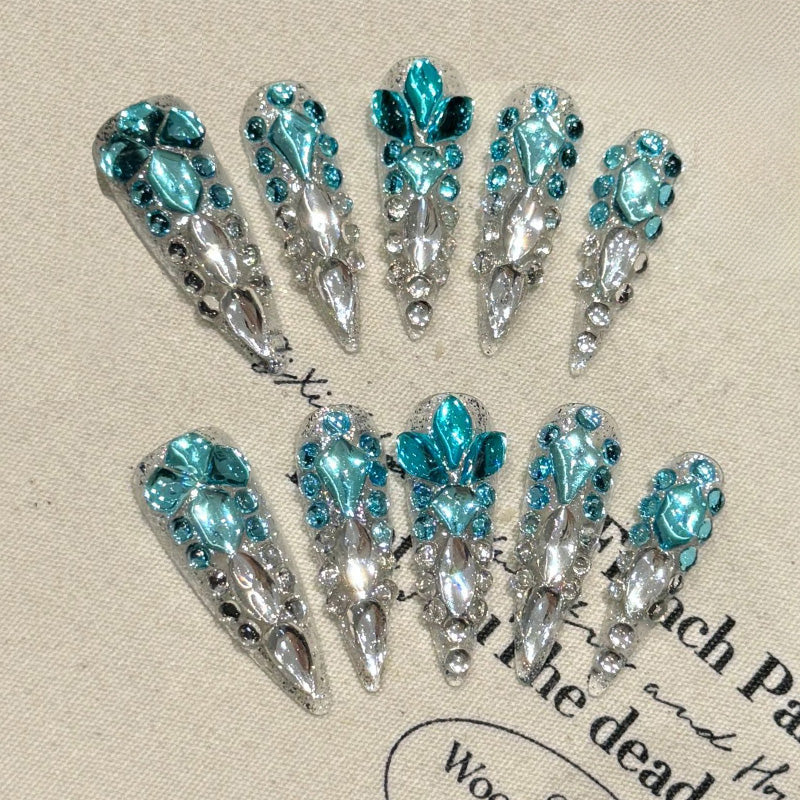 Teal Rhinestone - Encrusted Stiletto Nails, Luxe Crystal