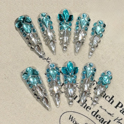 Teal Rhinestone - Encrusted Stiletto Nails, Luxe Crystal