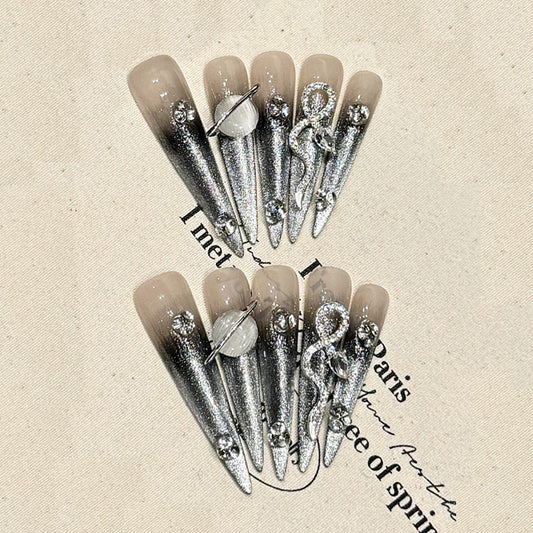 Silver Stiletto Nails with Rhinestone & Metal Accents