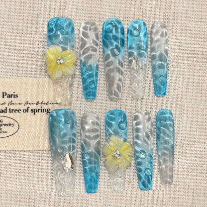 Blue - White Wave Yellow Flower & Gem Accents