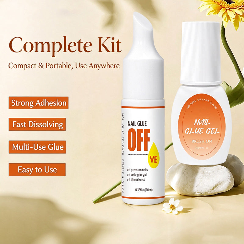 Kapownails complete nail glue kit banner with the glue gel and remover bottles and callouts for strong adhesion and fast dissolving