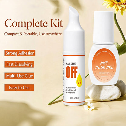 Kapownails complete nail glue kit banner with the glue gel and remover bottles and callouts for strong adhesion and fast dissolving