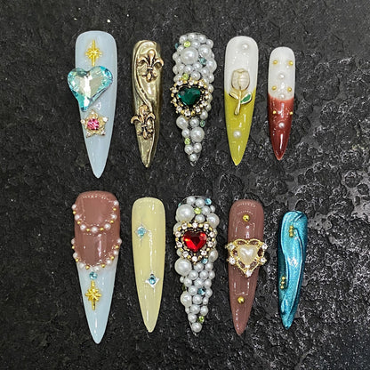 Colorful Rhinestone 3D Gem Decor Long Stiletto Nails