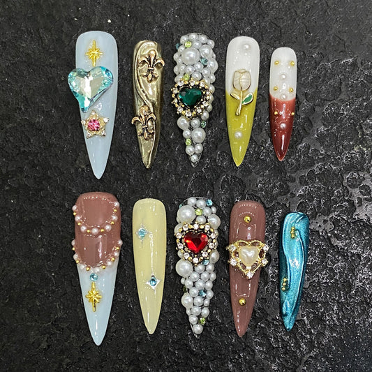 Colorful Rhinestone 3D Gem Decor Long Stiletto Nails