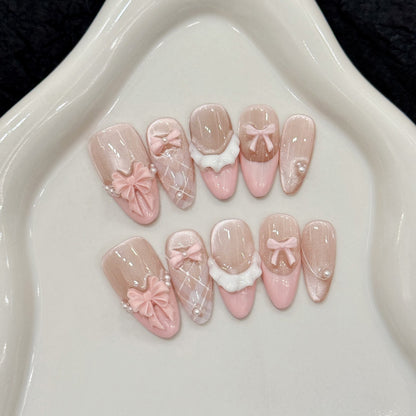 Almond Nails Pink Bow Pearl French