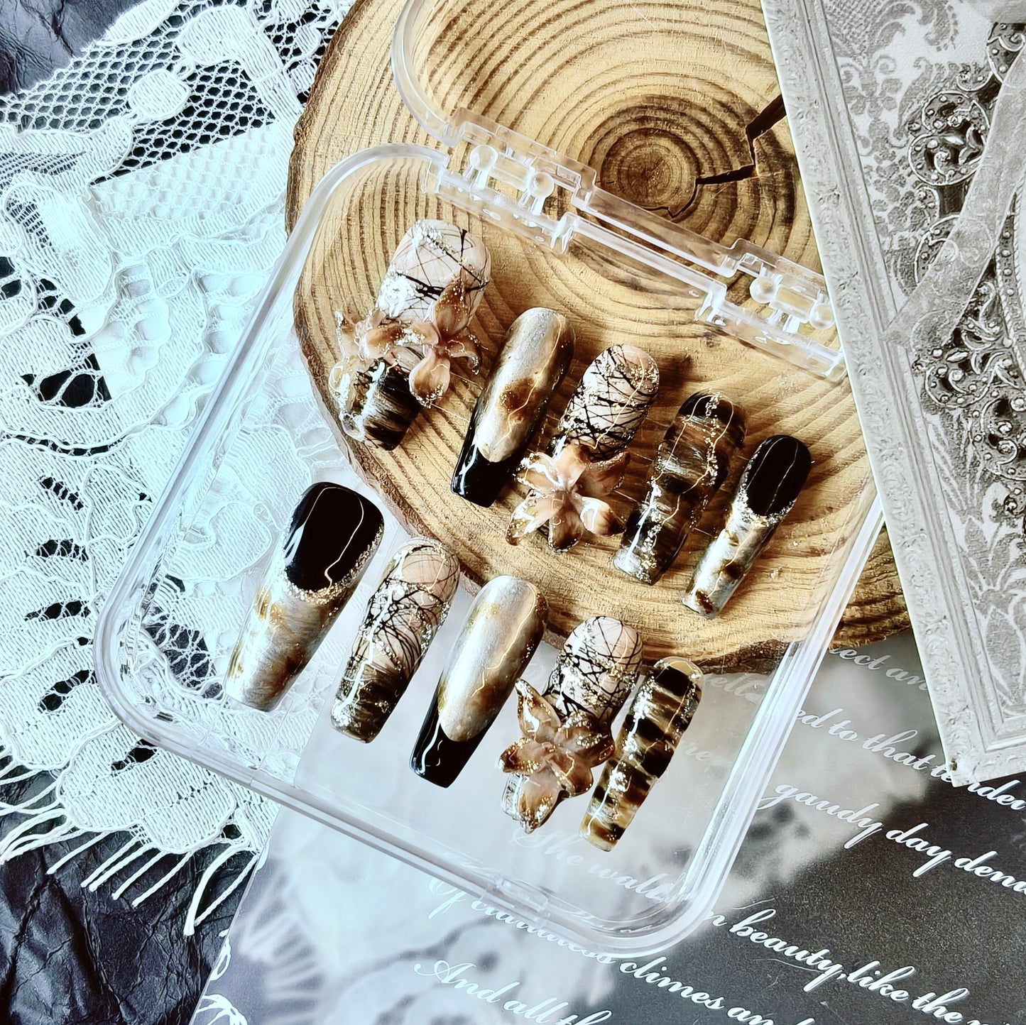 Dark Gothic Cat Eye Butterfly Nails | Long Coffin Set