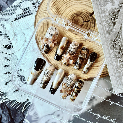 Dark Gothic Cat Eye Butterfly Nails | Long Coffin Set