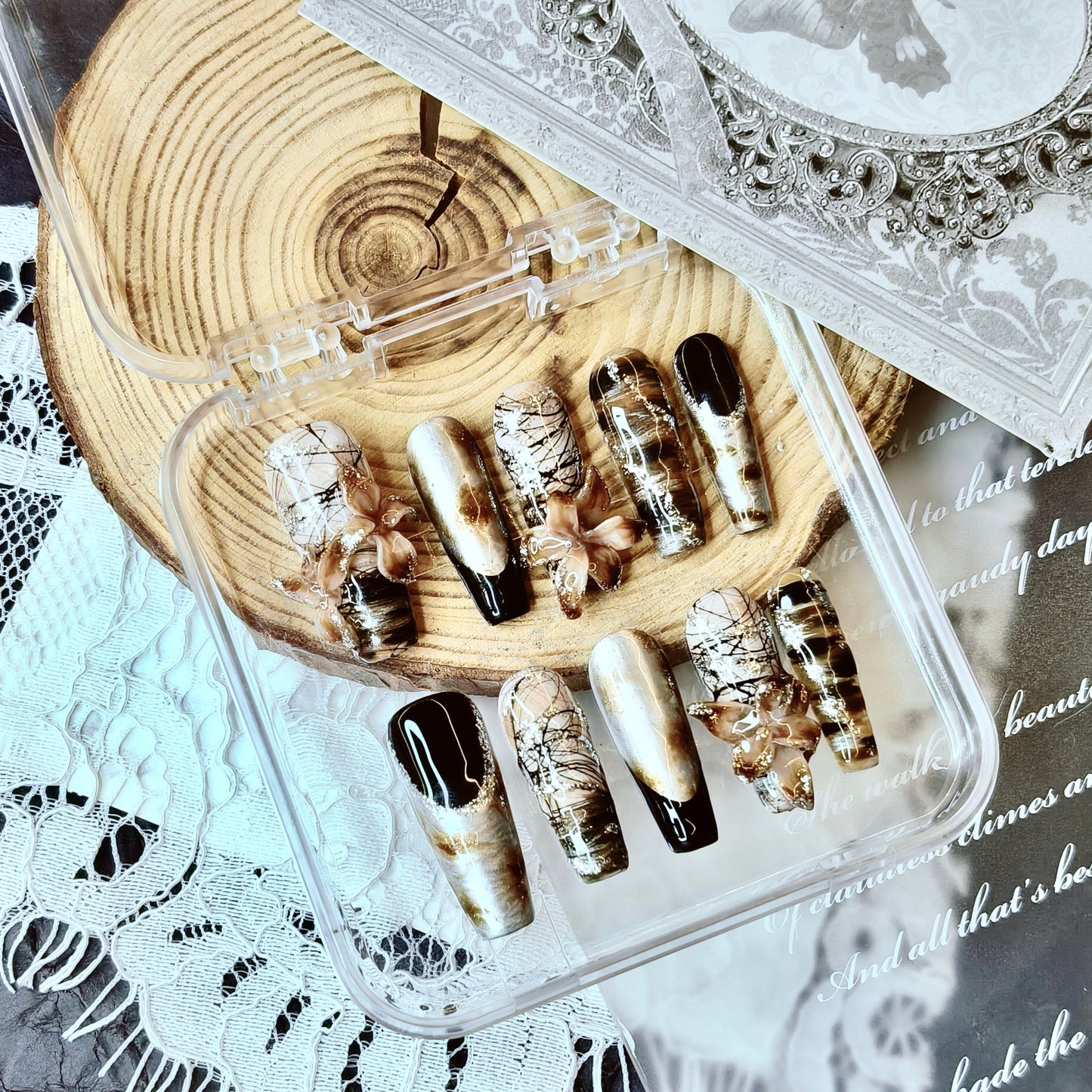 Dark Gothic Cat Eye Butterfly Nails | Long Coffin Set