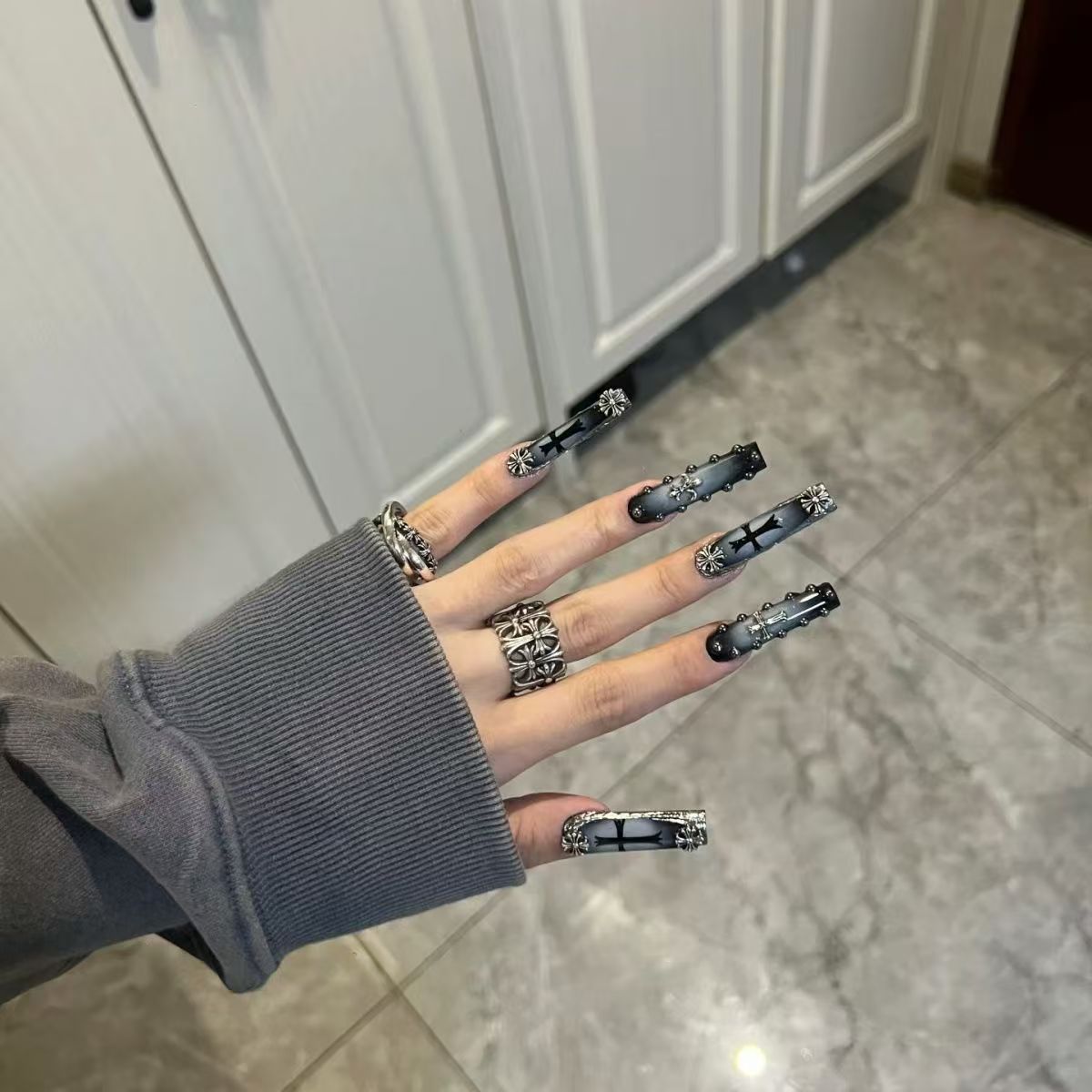 Edgy Elegance | Dark Gradient Press-On Nails - Gothic Cross & Studded Floral Details