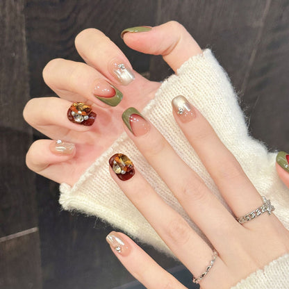 Autumn Marble Gem Squoval Press On Nails - Artistic