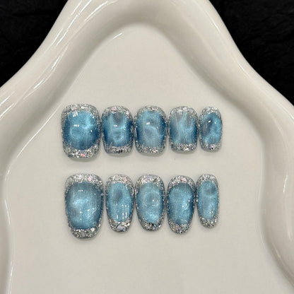 Squoval Short Nails Blue Holographic Silver Glitter Frame