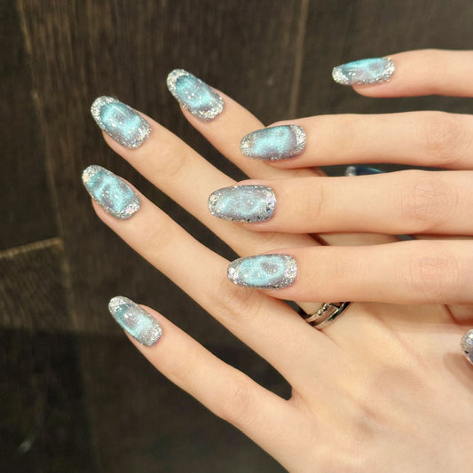 Blue Holographic Silver Glitter Design - Iridescent Glamour Nail Art Collection