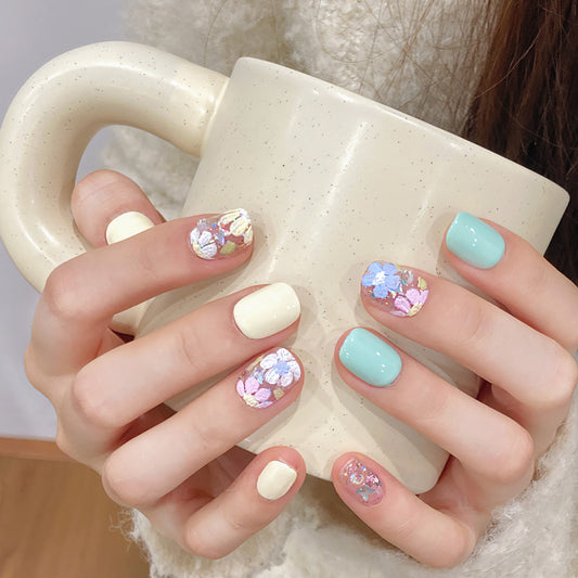 Squoval Short Nails Mint Green Yellow Floral Crystal Mix