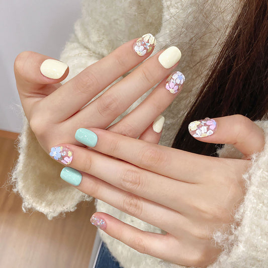 Handmade Mint Green Yellow Floral Crystal Mix Squoval Short Nails - Fresh Pastel Design with Premium Flower Embellishments
